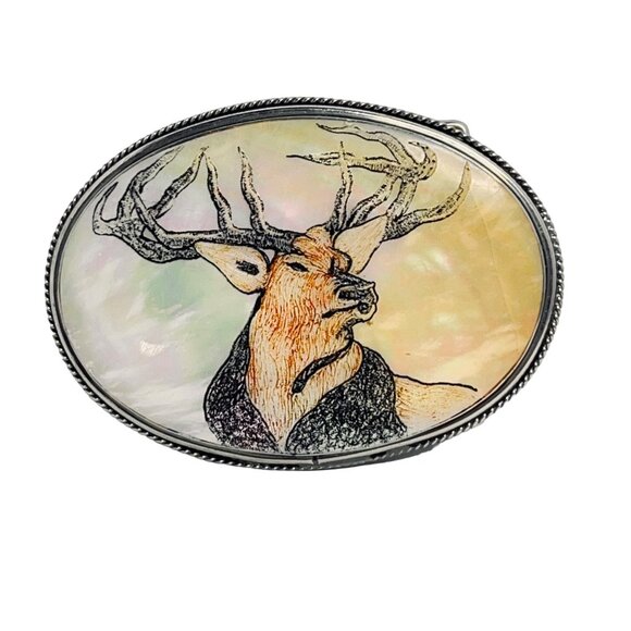 Vintage Stainless Steel With Etched Buck on Abalone Shell Western Belt Buckle (5 - Picture 1 of 4